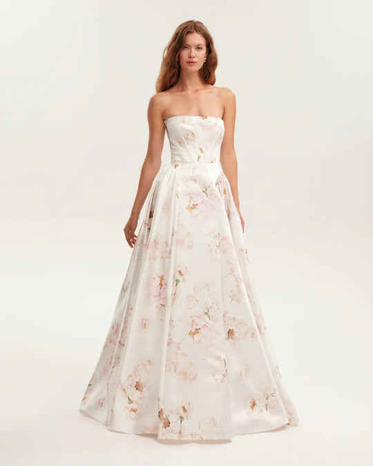 Damen Elegantes Blütenmuster-Maxikleid mit schulterfreiem Design R&B