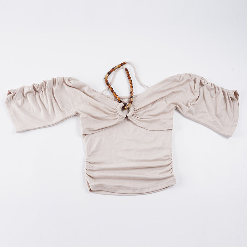Damen Off-Shoulder Oberteil mit voluminösen Ärmeln und Dekorativem Knoten R&B