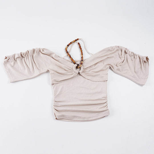 Damen Off-Shoulder Oberteil mit voluminösen Ärmeln und Dekorativem Knoten R&B