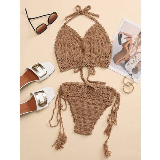 Damen Häkel-Bikini-Set mit verstellbaren Trägern und fransigen Details R&B