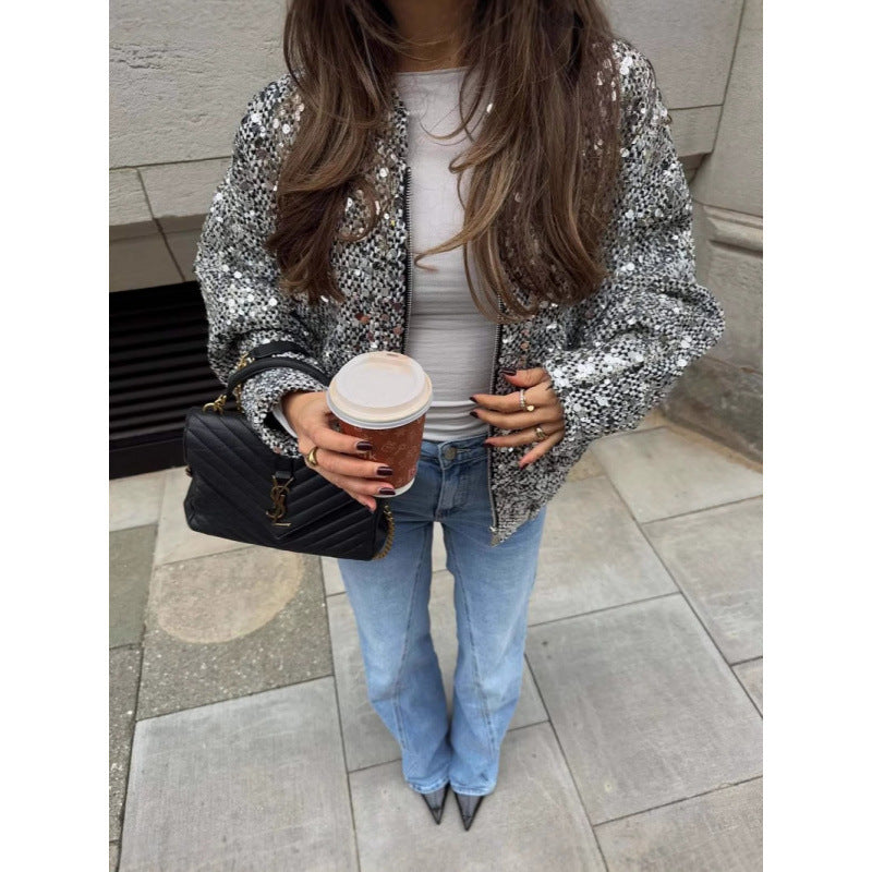 Damen Funkelnde Paillettenjacke mit lässigem Schnitt R&B