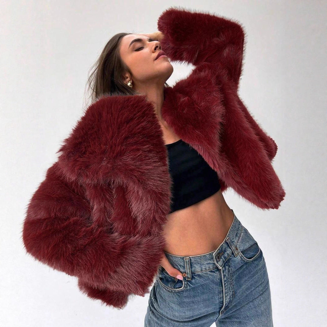 Damen Modischer Kunstpelz-Cropped-Jacke mit voluminösen Ärmeln R&B