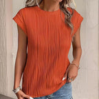 Damen Plissee-T-Shirt mit kurzem Ärmel und hohem Rundhalsausschnitt R&B
