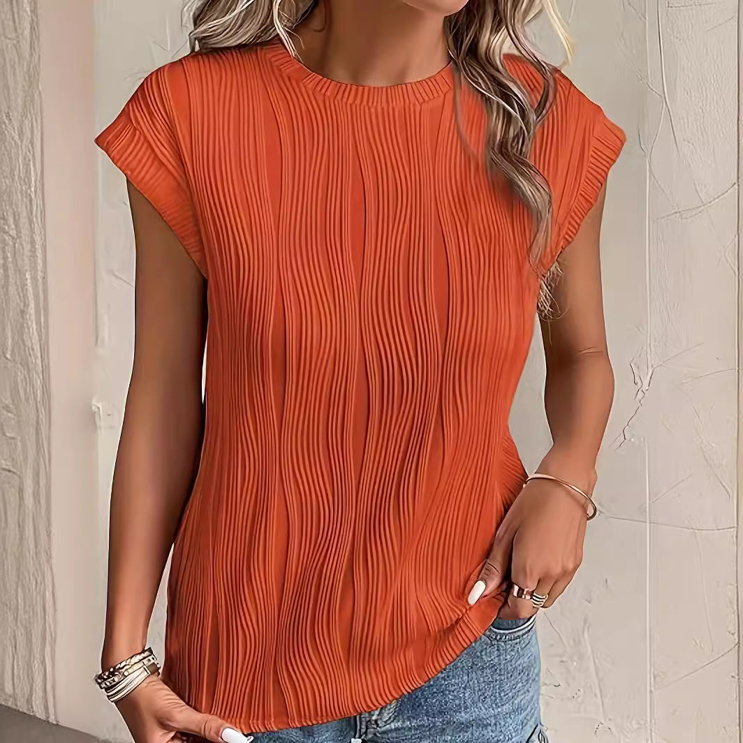Damen Plissee-T-Shirt mit kurzem Ärmel und hohem Rundhalsausschnitt R&B
