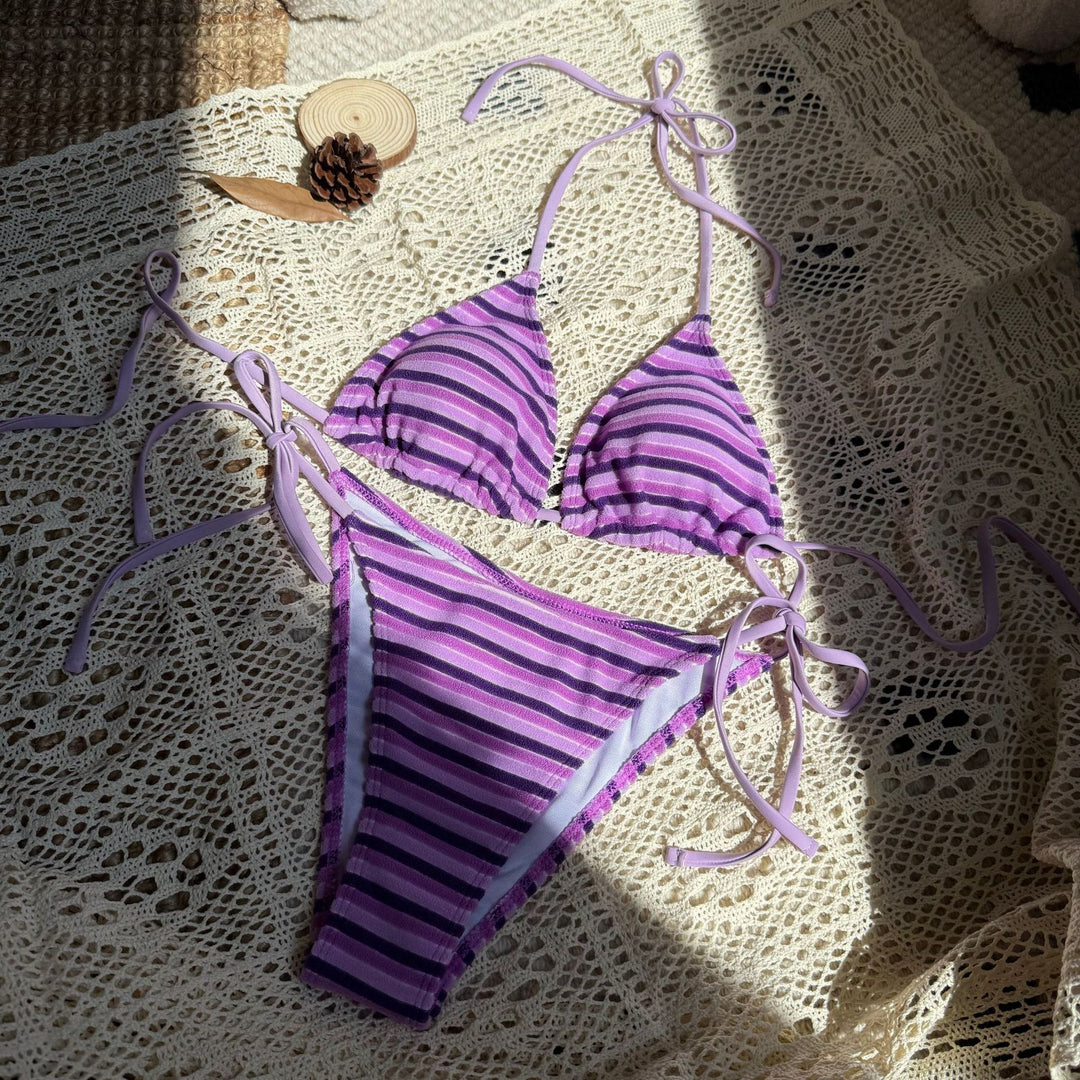 Damen Triangel-Bikini mit verstellbaren Bändern und buntem Streifenmuster R&B