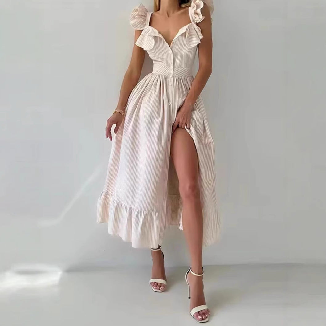 Damen Maxikleid mit voluminösem Rüschen-Design und Knopfverschluss R&B