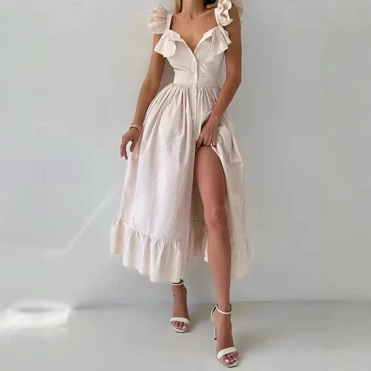 Damen Maxikleid mit voluminösem Rüschen-Design und Knopfverschluss R&B