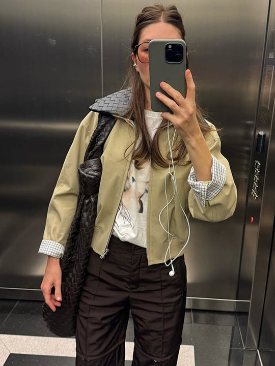 Damen legerer Übergangsjacke mit weichem Innenfutter und Karodetails R&B