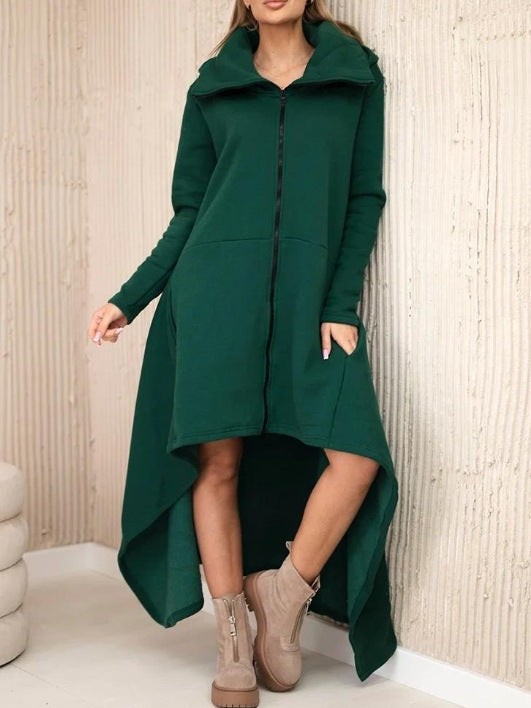 Damen nan asymmetrisches Sweatkleid mit hohem Stehkragen, durchgehendem Reißverschluss und verlängertem Rückensaum R&B