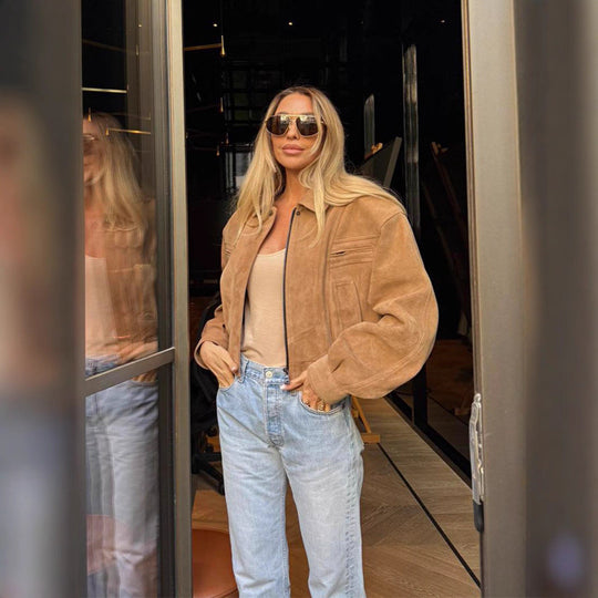 Damen modische Suede-Bomberjacke mit voluminösen Ärmeln R&B