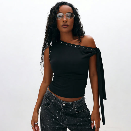 Damen Elegantes One-Shoulder Top mit dekorativen Steinen R&B