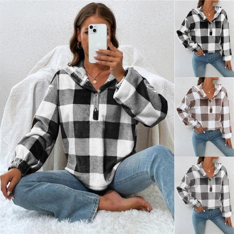 Damen Gemusterte Karo-Hoodie-Bluse R&B