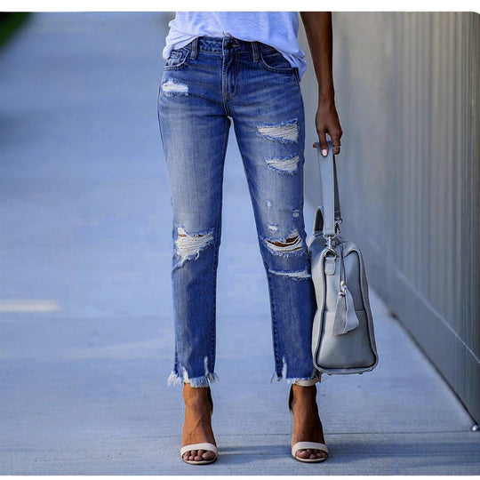 Damen Ripped Jeans im modernen Vintage-Look mit fransigen Säumen R&B