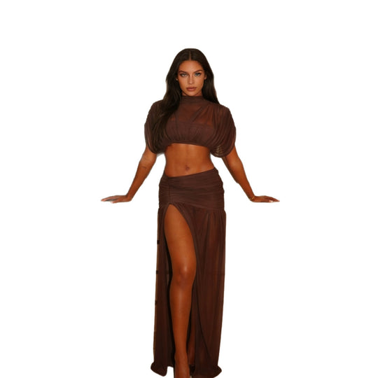 Damen Kurzärmliges Crop-Top mit gerafftem Design und elegantem Stehkragen R&B