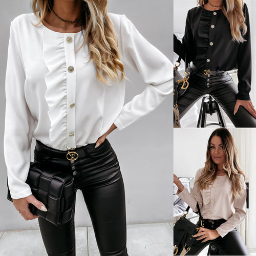 Damen Bluse mit Rüschendetails und eleganten Knöpfen R&B