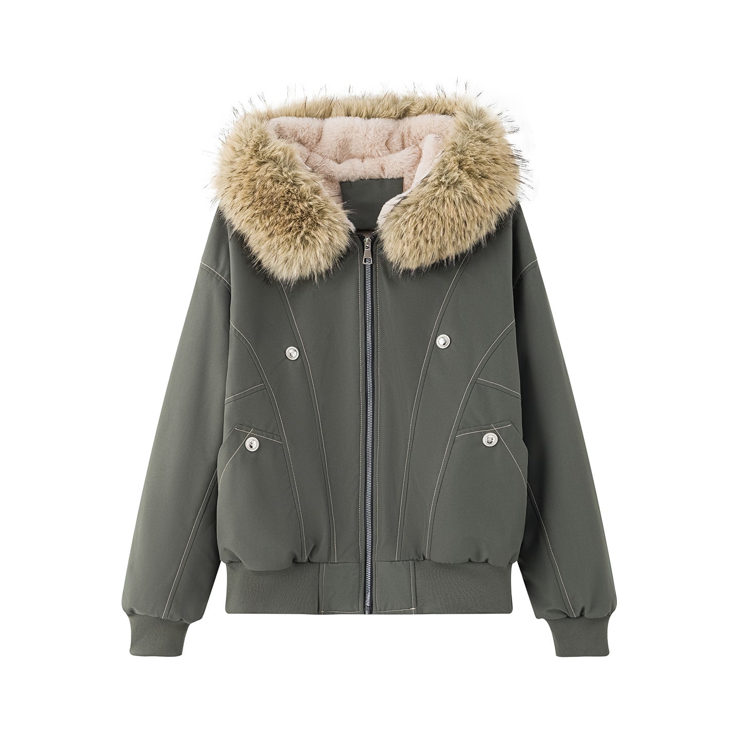 Damen gefütterte Winterjacke mit abnehmbarem Kunstfellkragen und großen Taschen R&B