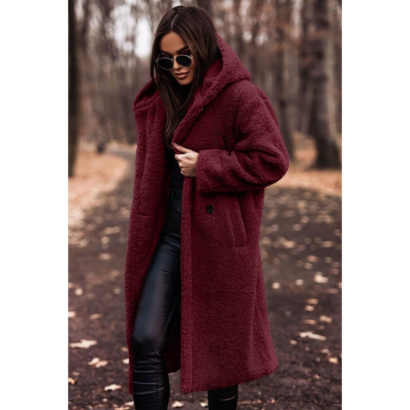 Damen Flauschiger Teddy-Mantel mit Kapuze und Knopfdetaillierung R&B