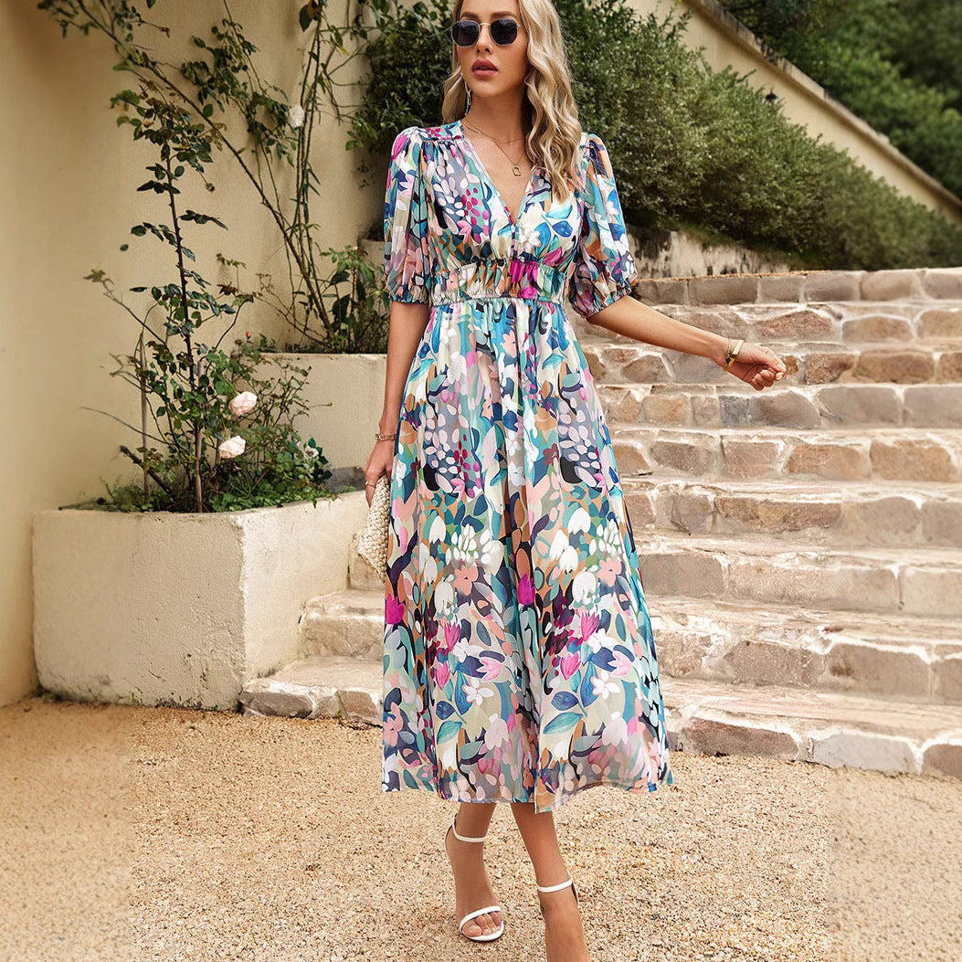 Damen Maxikleid mit Blumenmuster und eleganten Puffärmeln R&B