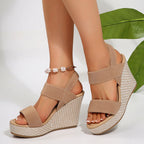 Damen nan Keilabsatz-Sandalen mit elastischen Textilriemen und geflochtenem Bast-Plateau R&B