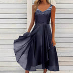 Damen nan A-Linien-Chiffonkleid mit floralem Stickoberteil, V-Ausschnitt, drapiertem Godet-Schwung und verdeckten Seitentaschen R&B