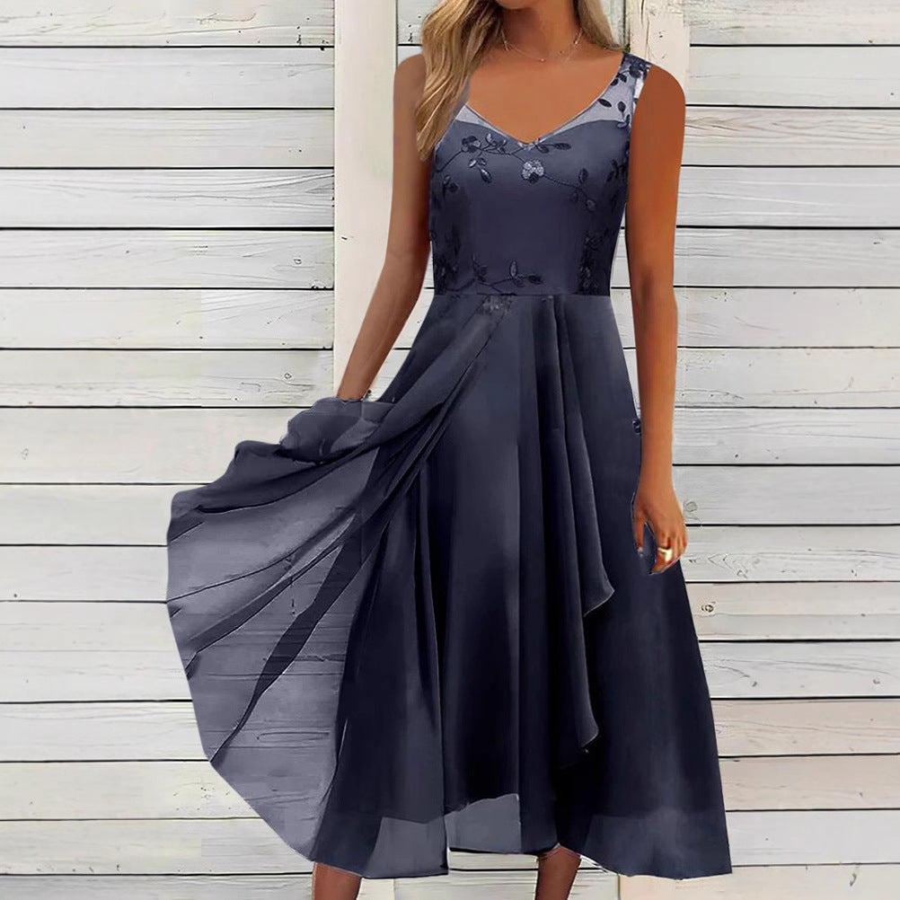 Damen nan A-Linien-Chiffonkleid mit floralem Stickoberteil, V-Ausschnitt, drapiertem Godet-Schwung und verdeckten Seitentaschen R&B
