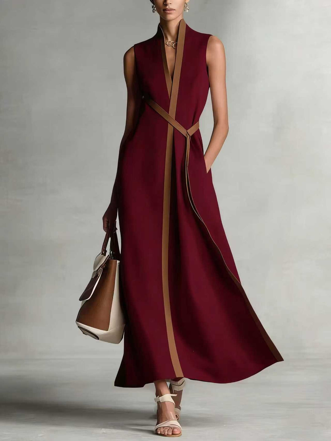 Damen elegantes Maxikleid mit Taillenschnitt und schmalem Gürtel R&B