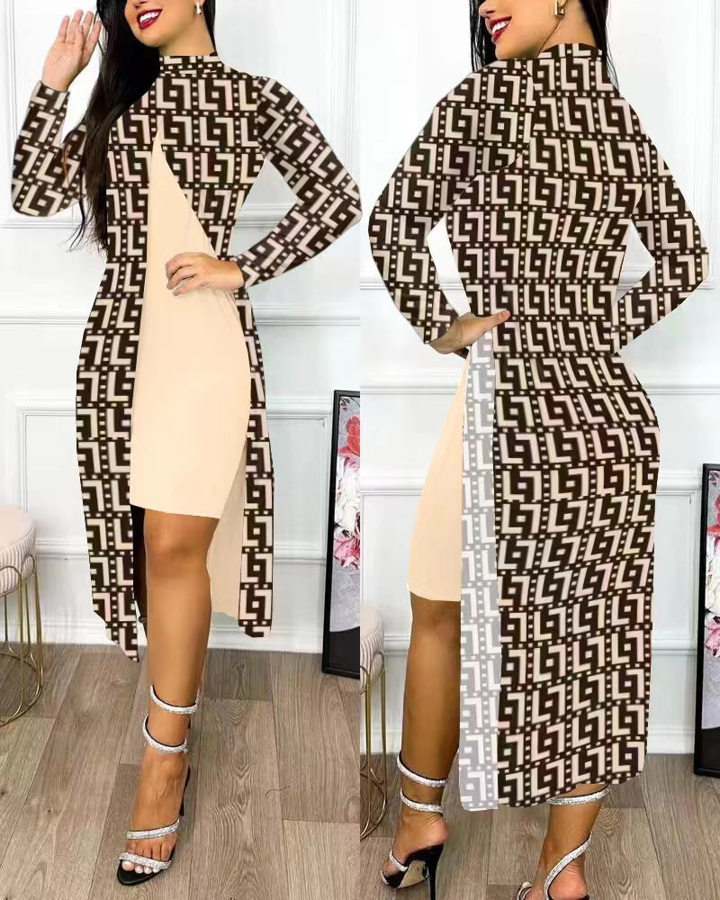 Damen elegantes Maxikleid mit asymmetrischem Schnitt und Grafischem Muster R&B
