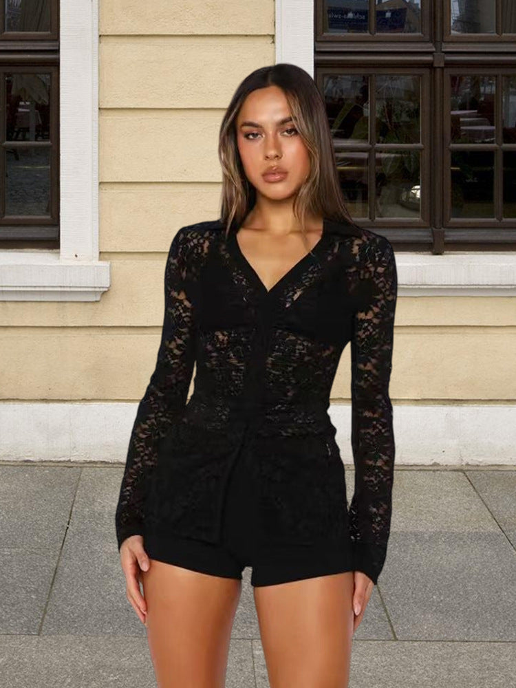 Damen Elegantes Spitzenoberteil mit langen Ärmeln und tailliertem Schnitt R&B