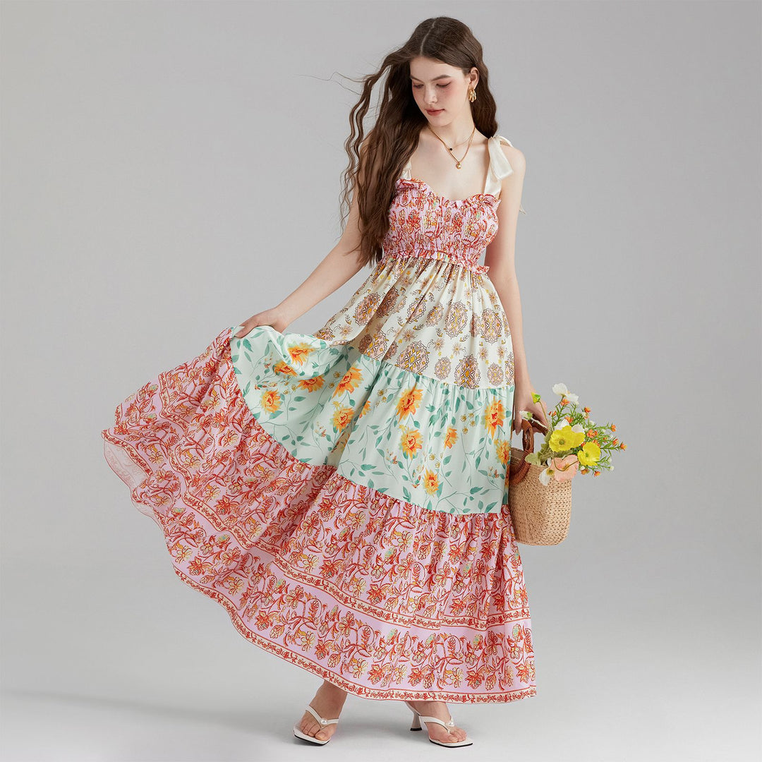 Damen Maxikleid mit floralen Falten und großzügigem A-Linien-Schnitt R&B