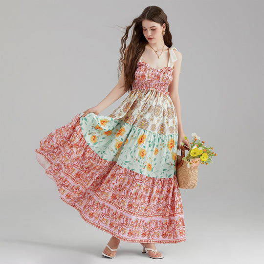 Damen Maxikleid mit floralen Falten und großzügigem A-Linien-Schnitt R&B