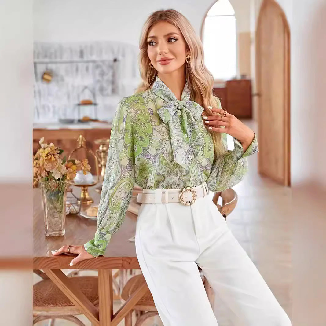 Damen Bluse mit Schleifenkragen und floralem Muster R&B