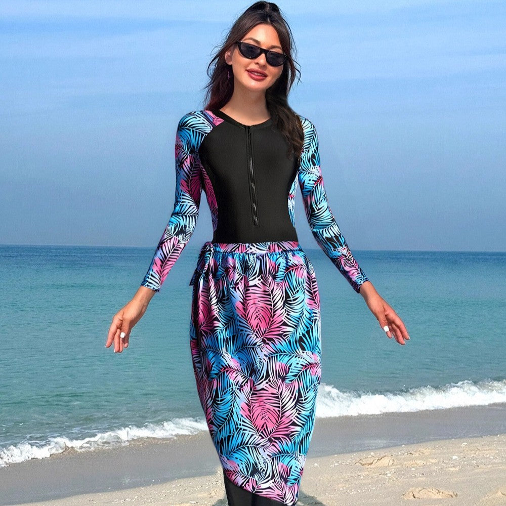 Damen Modischer UV-Schutz-Schwimmanzug mit langen Ärmeln und elegantem Rock R&B