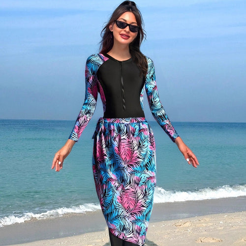 Damen Modischer UV-Schutz-Schwimmanzug mit langen Ärmeln und elegantem Rock R&B