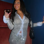 Damen Glitzerndes Pyjama-Set aus hochwertigem Material mit Schalkragen und eleganten Akzenten R&B