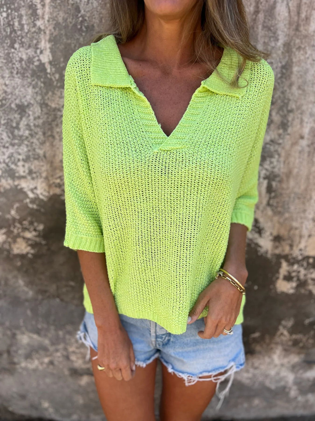 Damen luftiger Strickpullover mit Polokragen und V-Ausschnitt R&B