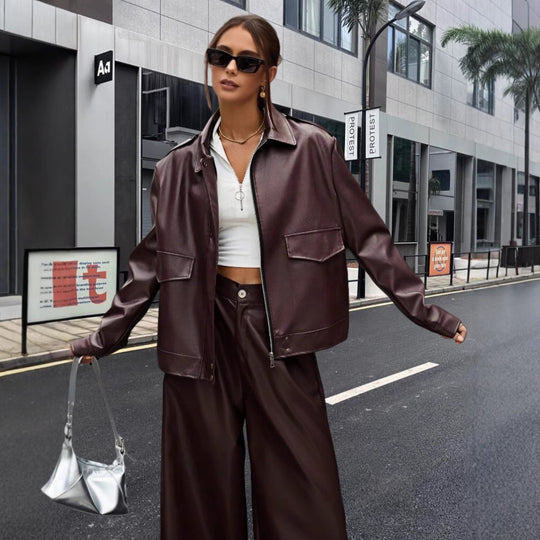 Damen modische Kunstlederjacke im Oversized-Stil R&B