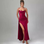 Damen Elegantes Maxikleid mit seitlichem Schlitz und schmalen Spaghettiträgern EB