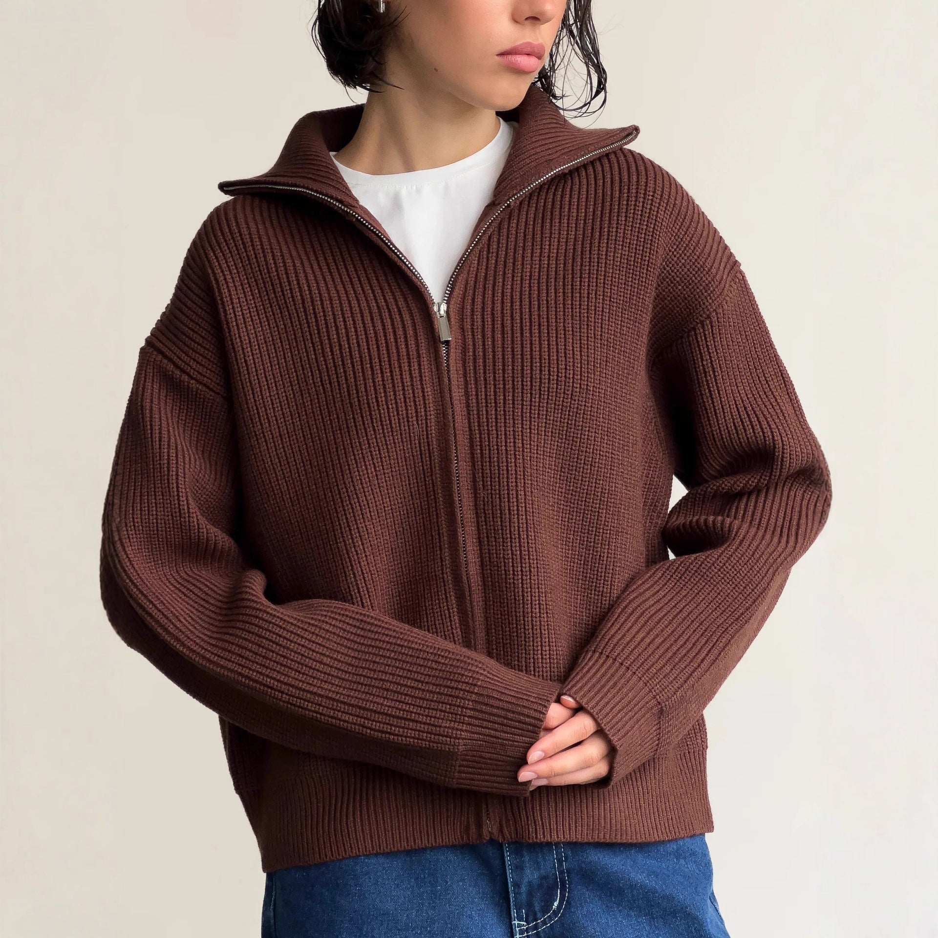 Damen Pullover mit hochschließendem Reißverschluss und strukturiertem Maschenmuster R&B