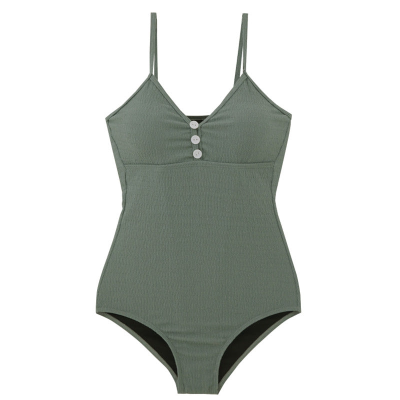 Damen Einteiler Badeanzug mit Knopfdetailed und dezentem Rippendesign R&B