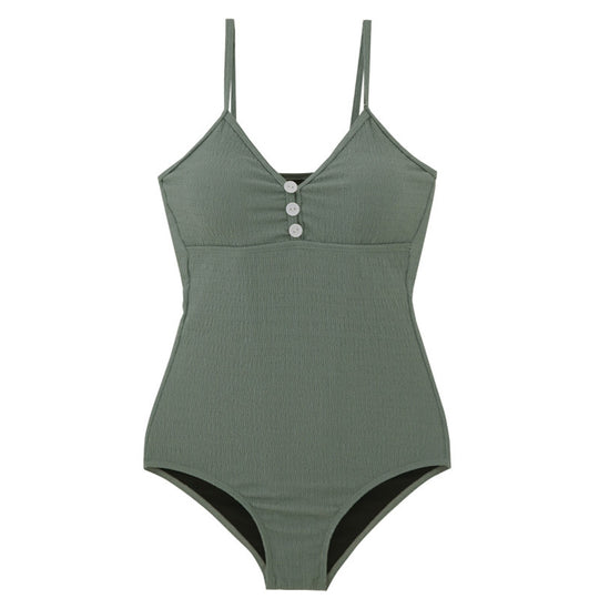 Damen Einteiler Badeanzug mit Knopfdetailed und dezentem Rippendesign R&B