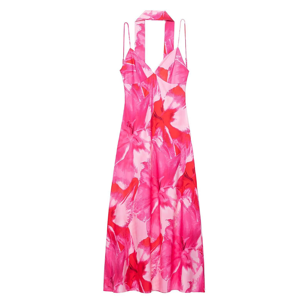 Damen Maxikleid mit floralen Akzenten und schickem Halterneck R&B