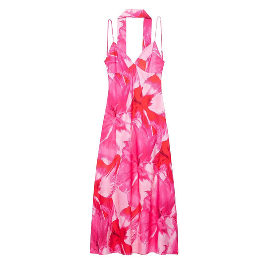 Damen Maxikleid mit floralen Akzenten und schickem Halterneck R&B