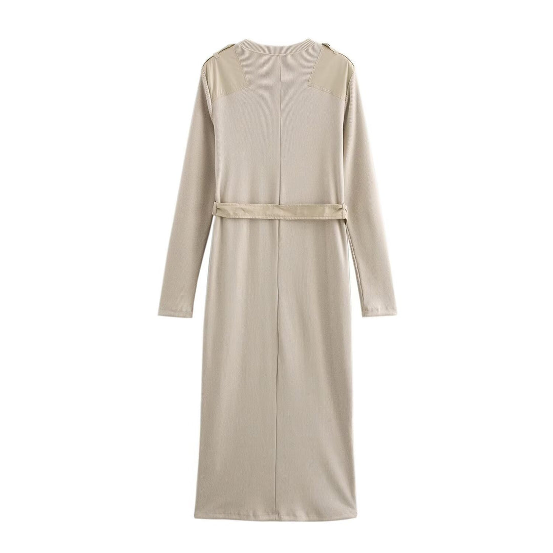 Damen Langarm-Kleid mit dekorativem Gürtel und Schulterdetails R&B