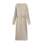 Damen Langarm-Kleid mit dekorativem Gürtel und Schulterdetails R&B