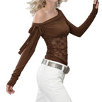 Damen transparente Spitzenbluse mit asymmetrischem Schnitt R&B