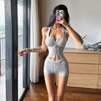 Damen Sportliches Zweiteiler-Set mit Knopfleiste und gerafftem Design R&B