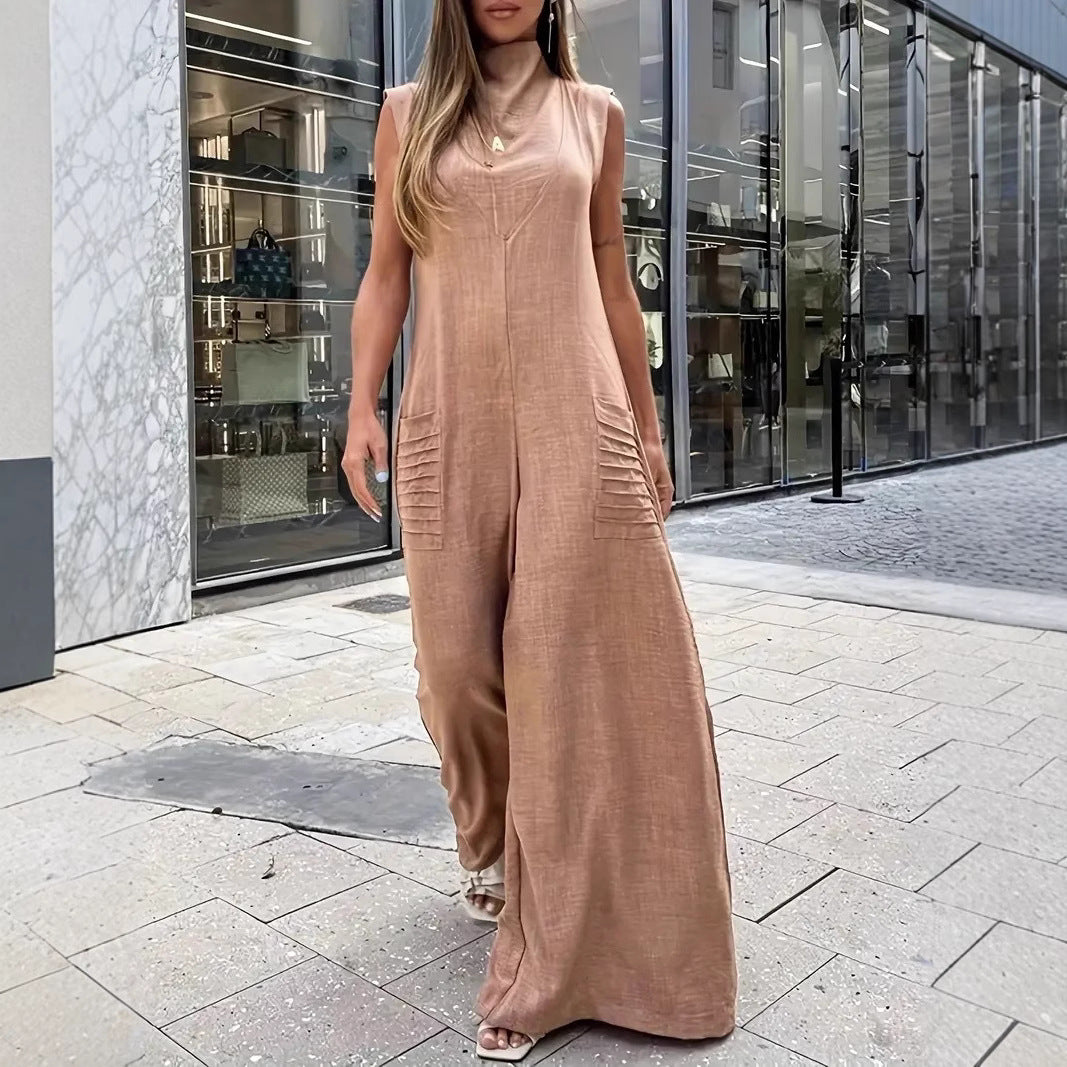 Damen luftiger Maxijumpsuit mit dekorativen Falten und seitlichen Taschen R&B