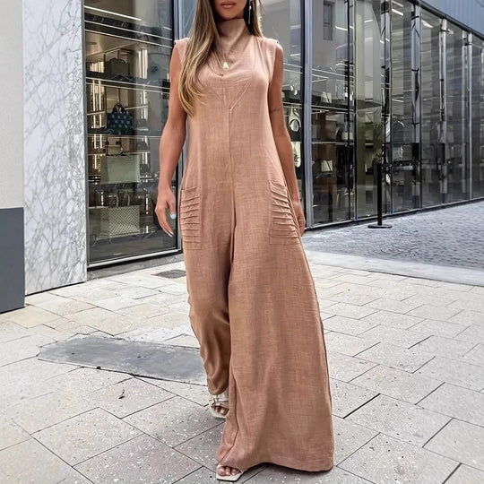 Damen luftiger Maxijumpsuit mit dekorativen Falten und seitlichen Taschen R&B