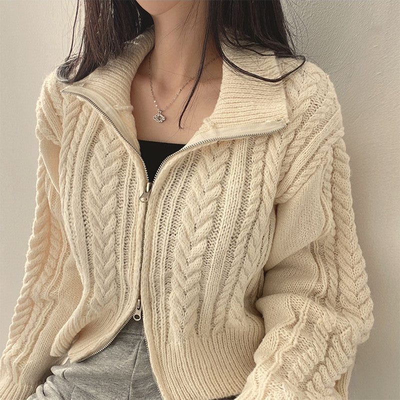 Damen Strickjacke mit hochwertigem Zopfmuster und sportlichem Reißverschluss R&B