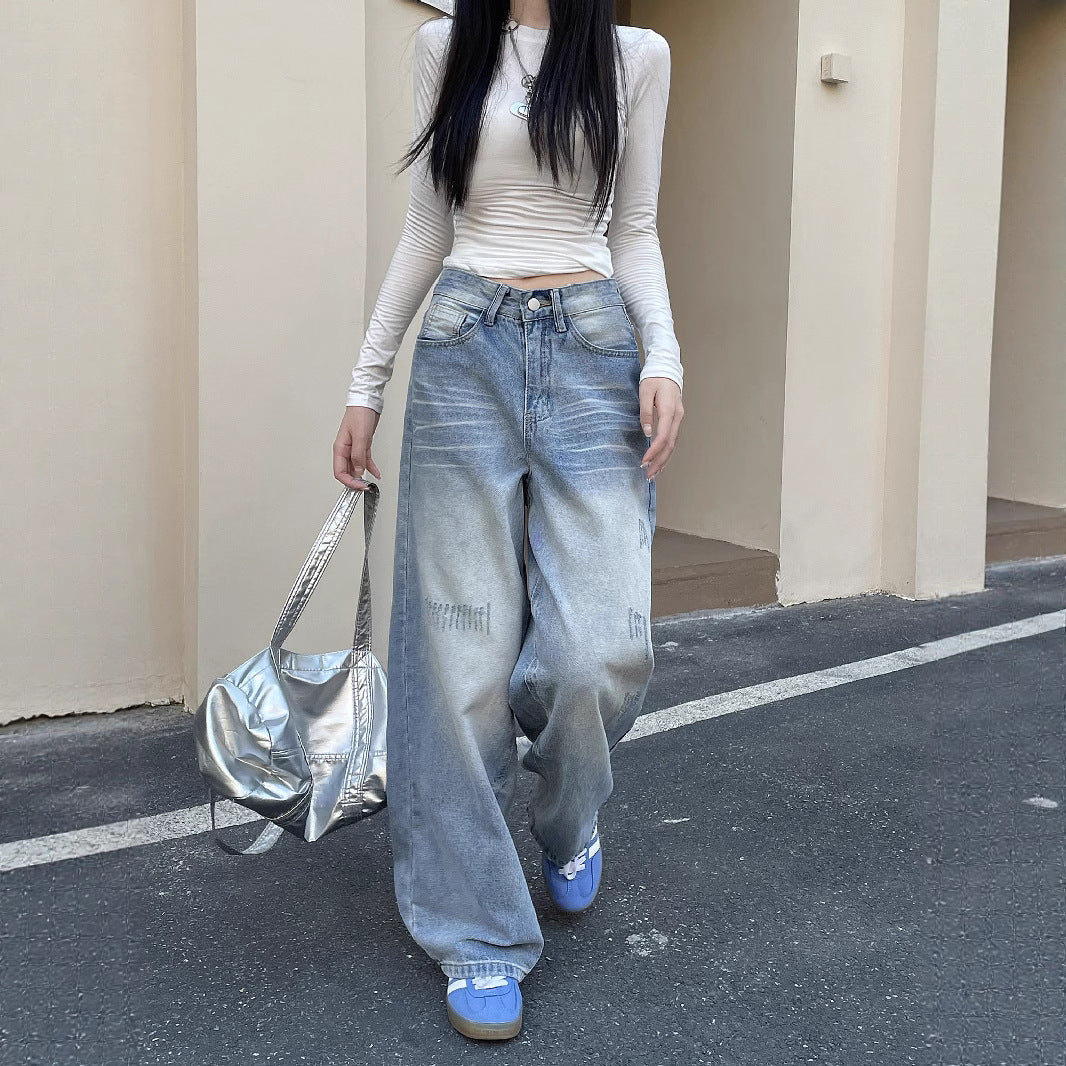Damen Weite Baggy-Jeans mit modischem Used-Effekt und hohen Taschen R&B